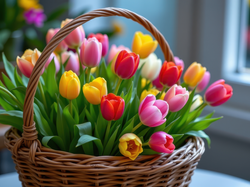Kwiaty, Kolorowe, Tulipany, Koszyk