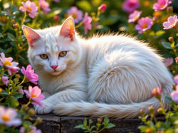 Kwiaty, Kot, Biały, AI, Puszysty