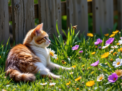 Kwiaty, Biało-rudy, Kot, Płot, Pszczoła
