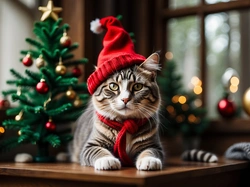 AI, Stół, Szalik, Kot, Czerwona, Czapka, Choinka