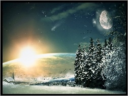 Krajobraz, Księżyc, Słońce, Wschodzące, Zimowy