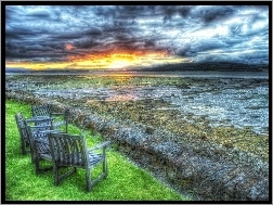 Krzesła, Słońca, Wschód, Morze