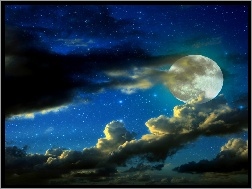 Księżyc, Noc, Chmury, Gwiazdy