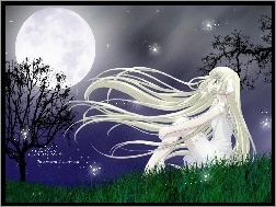 księżyc, trawa, dziewczyna, gwiazdy, Chobits, drzewo