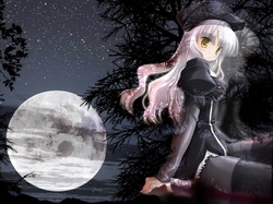 księżyc, Fate Stay Night, drzewa, dziewczyna