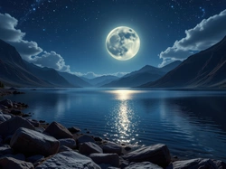 Gwiazdy, Kamienie, Góry, Księżyc, Jezioro, Grafika AI
