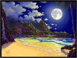 Księżyc, Plaża, Morze, Góry, Noc