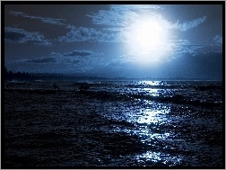 Księżyc, Fale, Morze, Noc
