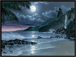 Księżyc, Góry, Plaża, Morze, Noc