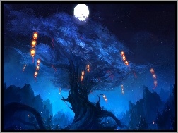 Księżyc, Drzewo, Noc, Lampiony