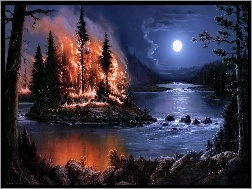 Księżyc, Rzeka, Las, Noc, Ogień