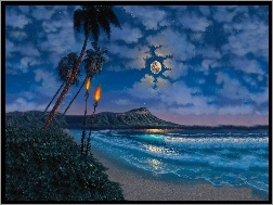 Księżyc, Pochodnie, Palmy, Plaża, Morze