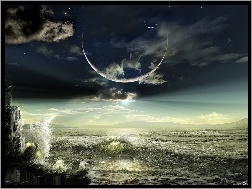 Księżyca, Noc, Fale, Morze, Zaćmienie