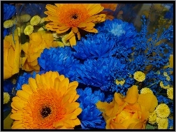 Kwiatów, Niebiesko, Bukiet, Żółtych