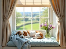 Kwiatów, Leżący, Regał, Okno, Grafika AI, Książki, Pies, Bukiet