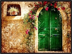 Kwiaty, Zielone, Dom, Drzwi