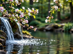 Woda, Wiszące, Gałązki, Kwiaty, Ukwiecone, Grafika AI