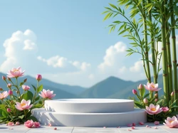 Lotosy, Podium, Bambus, Kwiaty, Drzewo, Góry