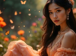 Kwiaty, AI, Szatynka, Włosy, Biżuteria, Długie, Kobieta, Motyle, Naszyjnik