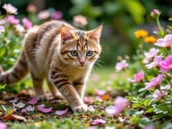 Kot, Ogród, Trawa, Kwiaty