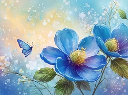 Niebieskie, Kwiaty, Motyl, Grafika AI