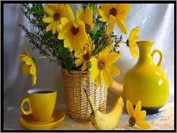 Kwiaty, Koszyk, Porcelana, Żółta, Żółte
