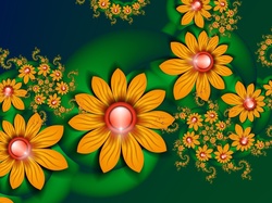Kwiaty, Grafika, 3D, Zielone, Pomarańczowe, Tło