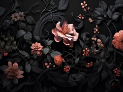 Liście, Kwiaty, Różowe, Grafika, Czarne