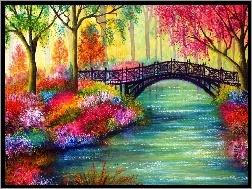 Kwiaty, Most, Rzeka, Drzewa
