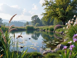 Kwitnące, Fioletowe, Trawy, Staw, Góry, Drzewa, Białe, Kwiaty