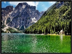 Lasy, Lago di Carezza, Włochy, Jezioro, Góry, Kościółek