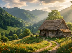 Łąka, Kwiaty, Lasy, Dom, Ogrodzenie, Dolina, Góry, Ścieżka, Drzewa