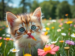 Kot, Łąka, Kwiaty, Grafika AI