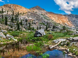 Kamienie, Staw, South Lake Tahoe, Góry, Stany Zjednoczone, Kalifornia, Sierra Nevada Mountains, Drzewa