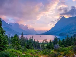 Drzewa, Saint Mary Lake, Krzewy, Park Narodowy Glacier, Stany Zjednoczone, Niebo, Jezioro, Góry