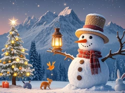 Góry, Boże Narodzenie, Lampion, Choinka, Bałwanek, Zima