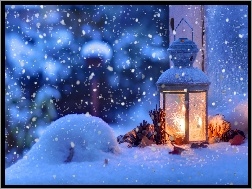 Świąteczna, Śnieg, Szyszki, Lampion, Dekoracja