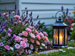 Fioletowe, Lampion, Świeca, Kwiaty, Różowe