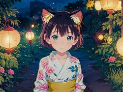 Liście, Dziewczyna, Kimono, Lampiony, Uszy, Anime