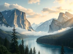 Mgła, Góry, Drzewa, Las, Rzeka, AI