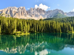 Dolomity, Las, Odbicie, Góry, Włochy, Jezioro Karersee
