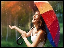 Las, Parasol, Dziewczyna, Deszcz
