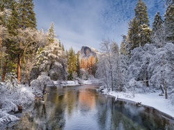 Las, Stan Kalifornia, G�ry, Zima, Park Narodowy Yosemite, Stany Zjednoczone, Rzeka Merced River