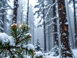 Zima, Gałązka, Śnieg, Las, Sosna, Grafika AI