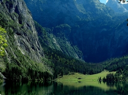 Alpy Berchtesgadeńskie, Park Narodowy Berchtesgaden, Lasy, Bawaria, Niemcy, Drzewa, Jezioro Konigssee, Góry