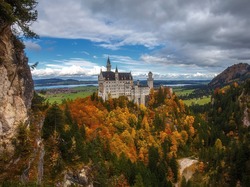 Bawaria, Lasy, Drzewa, Zamek Neuschwanstein, Niemcy, Skały