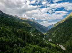 Dolina, Tyrol, Stubaier Alpen, Drogi, Chmury, Góry Alpy, Austria, Lasy