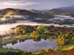 Góry, Mgła, Anglia, Lasy, Park Narodowy Lake District, Jezioro