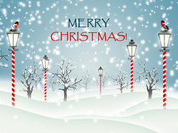 2D, Latarnie, Merry Christmas, Śnieg, Ptaki, Drzewa, Napis