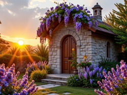 Promienie słońca, Glicynia, Kwiaty, Kamienna, Budowla, Dom, Lawenda